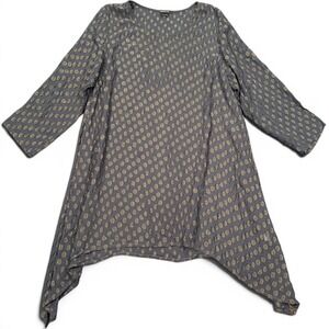 Grizas Silk Blend Sharkbite Tunic Top Gold Metallic Dot Grey Black Womens Size L
